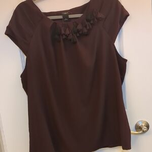 Ann Taylor Dark Plum Cap-Sleeve Blouse with Neckline Rosettes